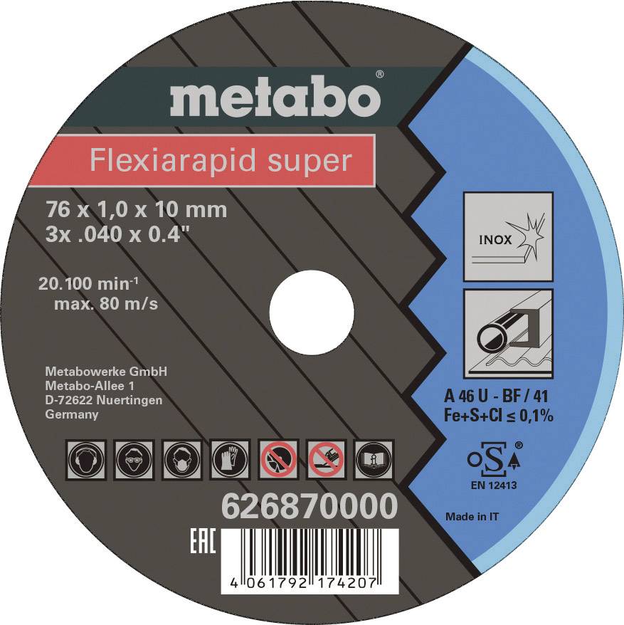 Řezný kotouč 'Flexiarapid super' od Metaba, průměr 76 mm, tloušťka 1,0 mm, vhodný pro ocel a nerezovou ocel. Maximální otáčky 20.100 ot/min.