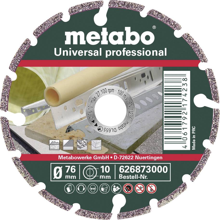 'Pilový list: Metabo Universal Professional, Ø 76 mm, otvor 10 mm. Pro Metabowerke GmbH, Nürtingen. Obj. číslo 626873000.'