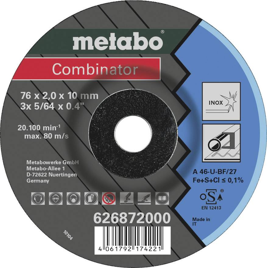 Řezný kotouč Metabo Combinator, 76 x 2,0 x 10 mm. Max. otáčky 20.100 min⁻¹. Informace o složení: Fe+S+Cl ≤ 0,1%. Vyrobeno v IT.