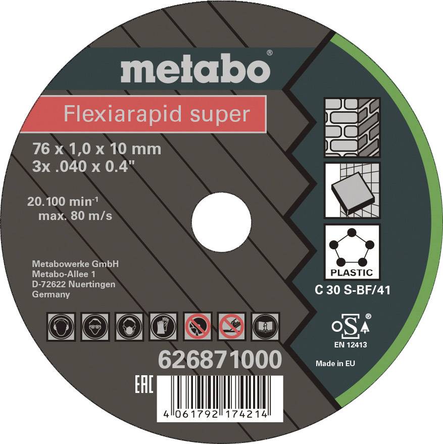 Brusný kotouč Metabo, model 'Flexiarapid super', vhodný pro plasty. Rozměry: 76 x 1,0 x 10 mm. Otáčky až 20.100 ot/min.