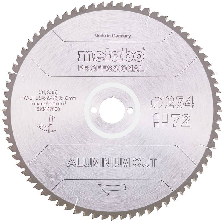 Metabo Professional hliníková řezná kotoučová pila, průměr 254 mm, 72 zubů, vyrobeno v Německu.