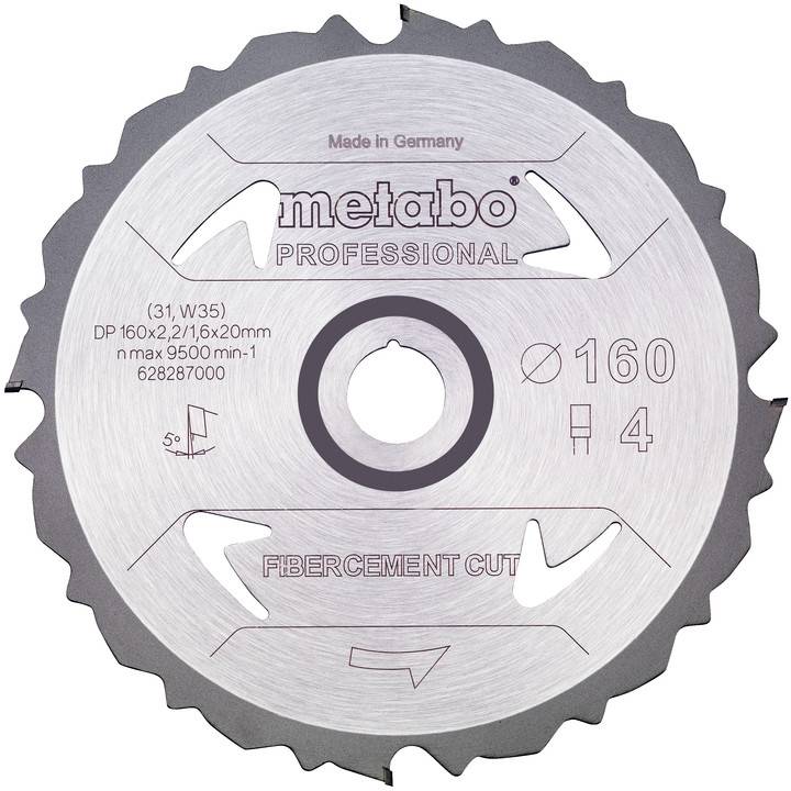 Detailní snímek profesionálního pilového kotouče Metabo pro řezání vláknobetonu, průměr 160 mm, 4 zuby, vyrobeno v Německu.