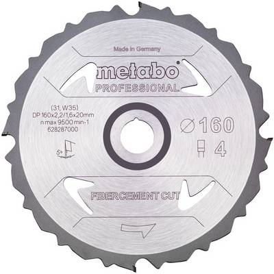 Detailní snímek profesionálního pilového kotouče Metabo pro řezání vláknobetonu, průměr 160 mm, 4 zuby, vyrobeno v Německu.