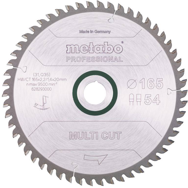 Kovová kruhová pilová čepel označená 'metabo PROFESSIONAL' a 'MULTI CUT', průměr 165 mm a 54 zubů.