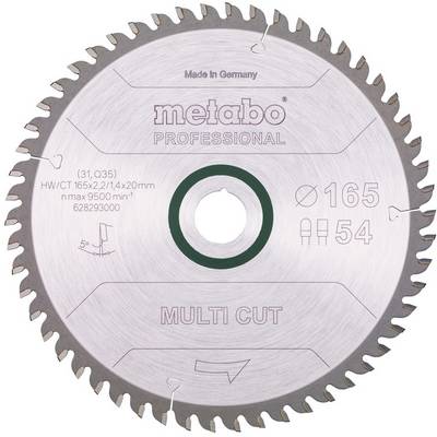 Kovová kruhová pilová čepel označená 'metabo PROFESSIONAL' a 'MULTI CUT', průměr 165 mm a 54 zubů.