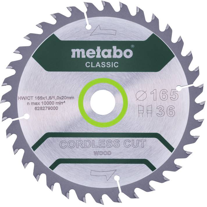 Detailní pohled na pilový kotouč Metabo Classic označený „CORDLESS CUT" pro dřevo se zeleným středovým kroužkem a značkami velikosti „165" a „36".