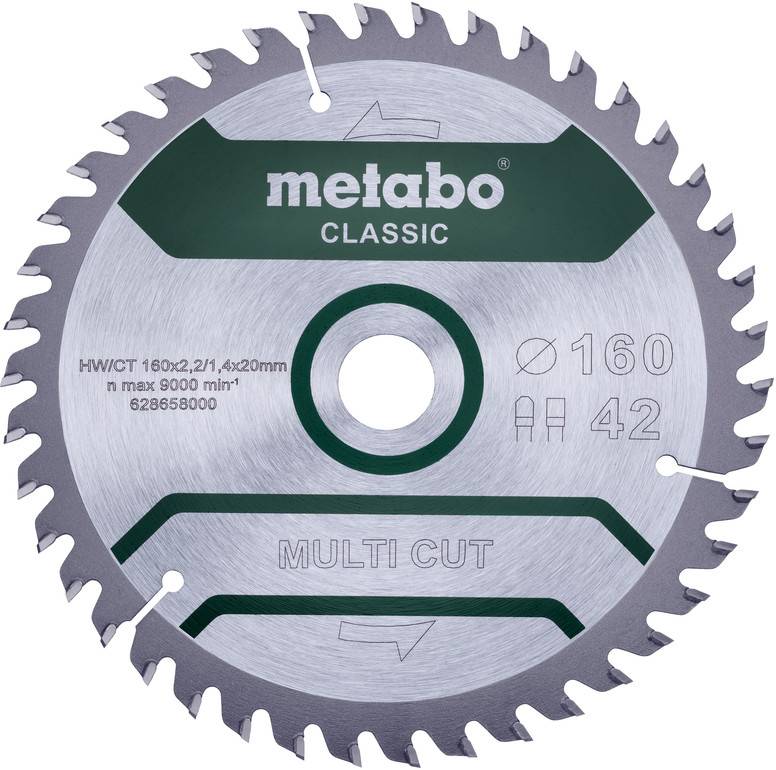Kruhový pilový kotouč Metabo Classic s průměrem 160 mm a 42 zuby, označený pro řezání dřeva a desek.
