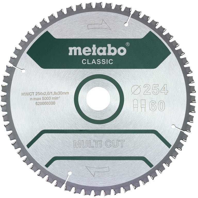 Metabo klasický multifunkční pilový kotouč na kruhovou pilu, označený Ø254 a 60 zubů, zobrazený zepředu na bílém pozadí.