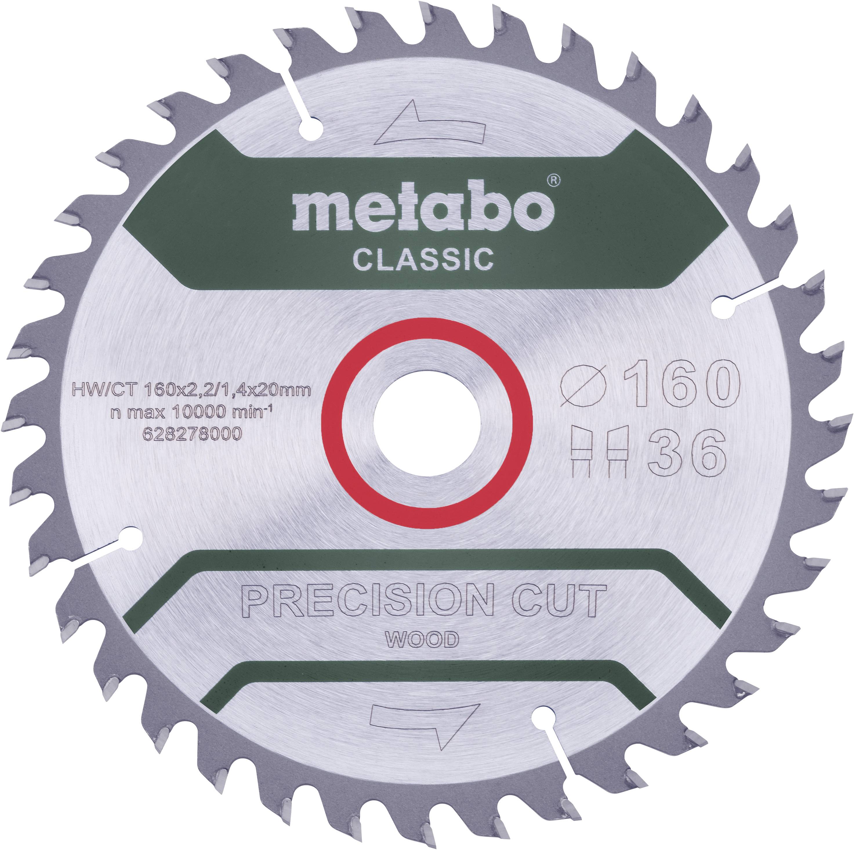 Pilový list Metabo Classic na dřevo. Průměr 160 mm, 36 zubů, maximálně 10 000 otáček/min. Funkce přesného řezu.
