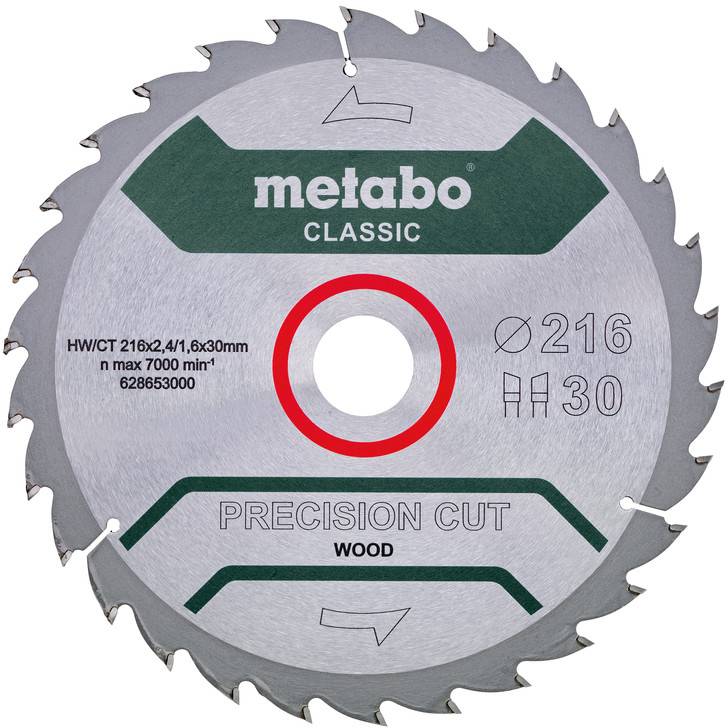 Kotouč cirkulární pily Metabo Classic s přesným řezem do dřeva, průměr 216 mm, 30 zubů a otvor 30 mm, zobrazený zepředu.