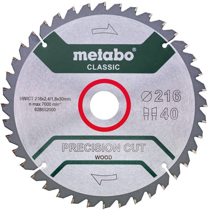 Kruhový pilový kotouč Metabo Classic Precision Cut s průměrem 216 mm a 40 zuby, určený pro řezání dřeva.