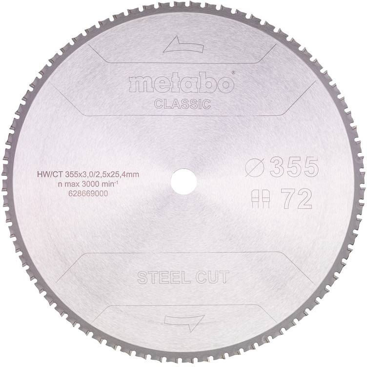 Kruhový pilový kotouč Metabo CLASSIC pro řezání oceli s otvorem uprostřed, označen 355 mm a 72 zubů