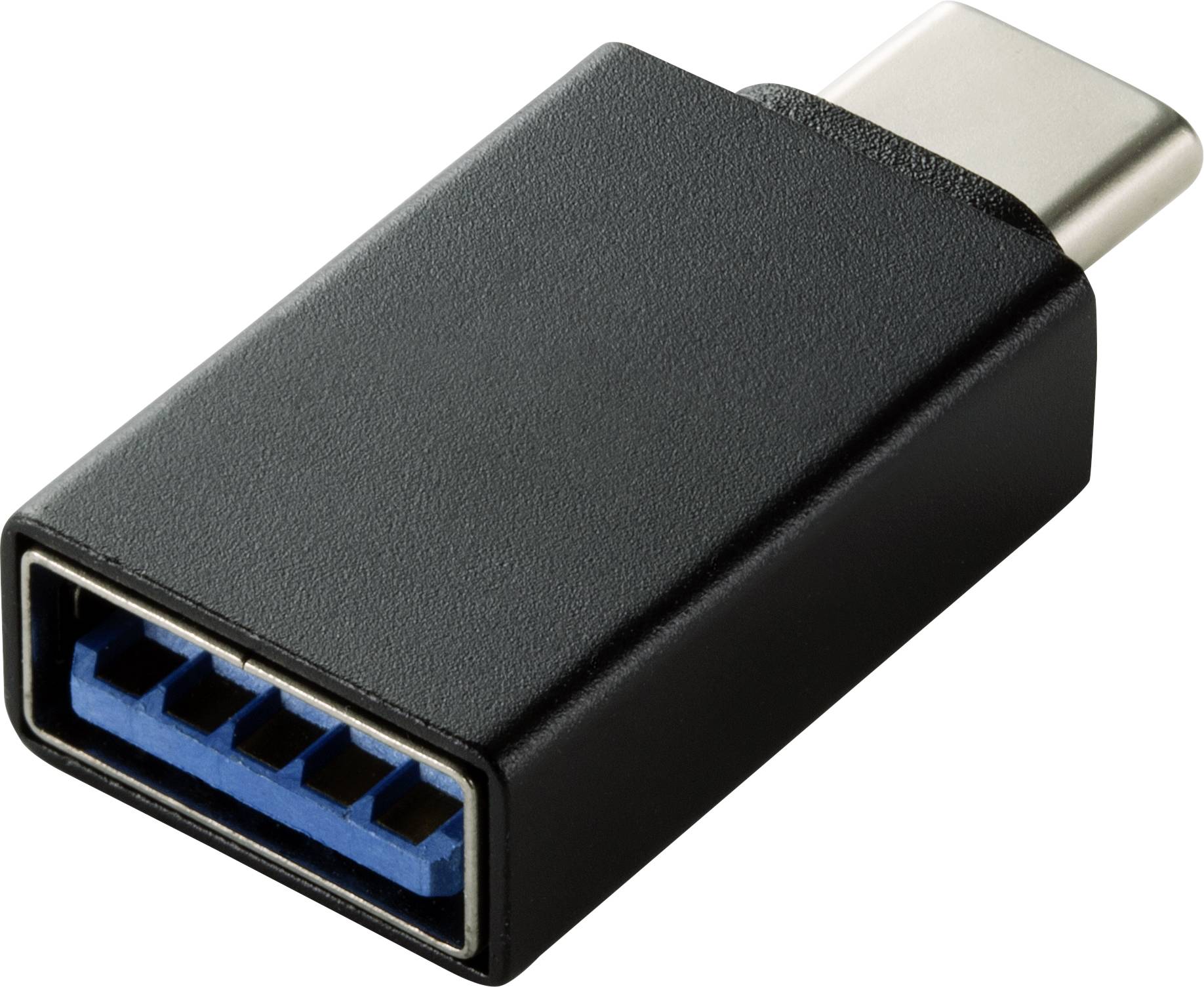 Černý USB adaptér z USB-C na USB-A, umožňuje připojení mezi různými USB zařízeními a kabely.