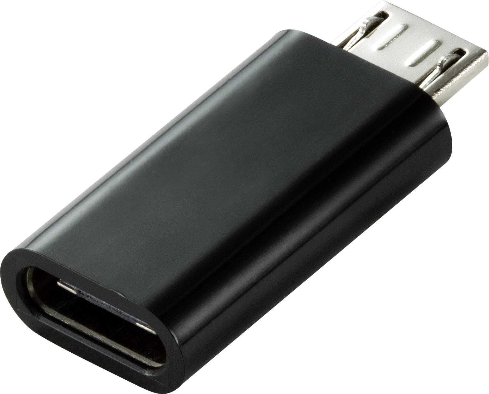 Černý adaptér USB-C na Micro-USB, který umožňuje připojení kabelu USB-C k zařízení s Micro-USB konektorem.