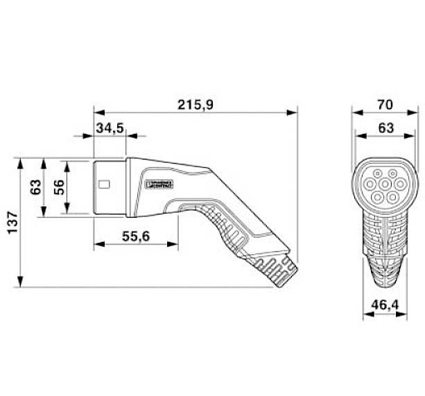 Technický výkres elektrické nabíjecí zástrčky s rozměry: délka 215,9 mm, šířka 63 mm. Zobrazuje tvar a detaily připojení.