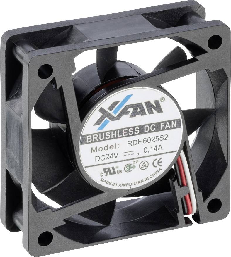 Černý čtvercový DC ventilátor s etiketou 'BRUSHLESS DC FAN', model 'RDH6025S2', napětí 24V, proud 0,14A, vyrobeno v Číně.