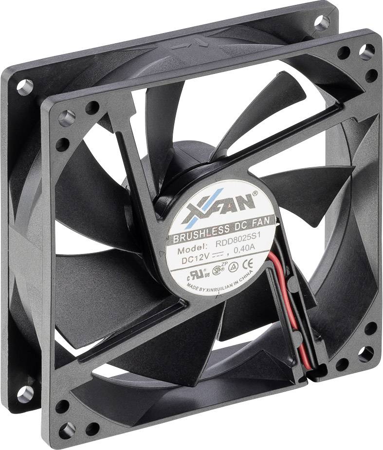 Černý počítačový ventilátor s nápisem: 'Bezkartáčový DC ventilátor, Model: ROD8025S1, DC12V, 0,40A'.