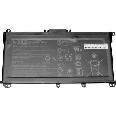 Notebook baterie s nápisem 'TF03XL Rechargeable Battery', kapacitou 3470mAh, s různými bezpečnostními a recyklačními symboly.