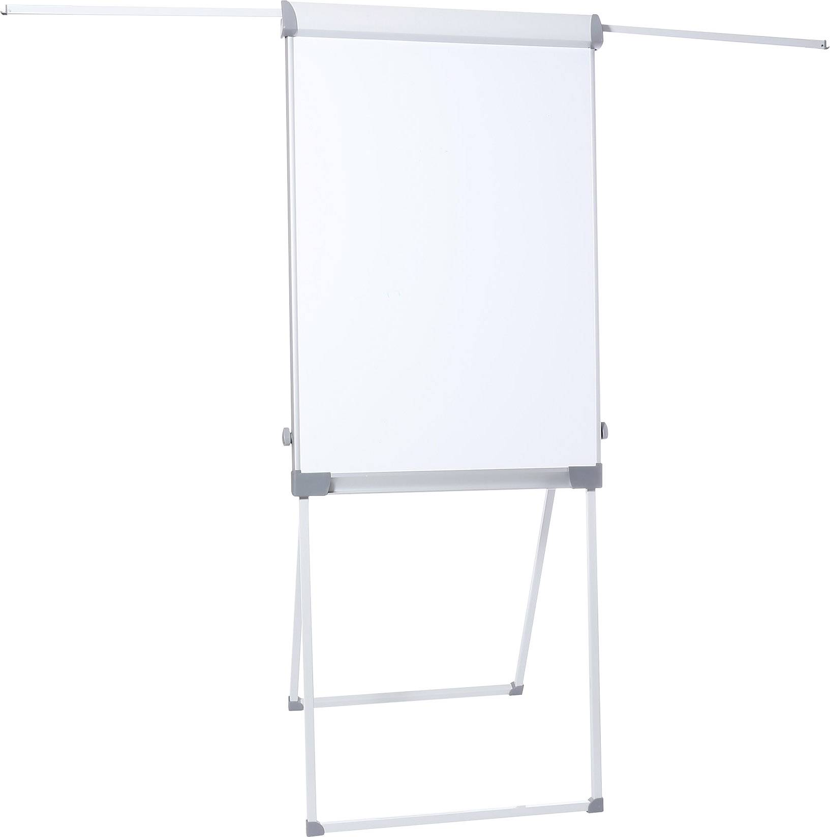 Prázdný flipchart na kovovém stojanu před bílým pozadím. Nahoře má výsuvné ramena pro dodatečné zavěšení papíru.