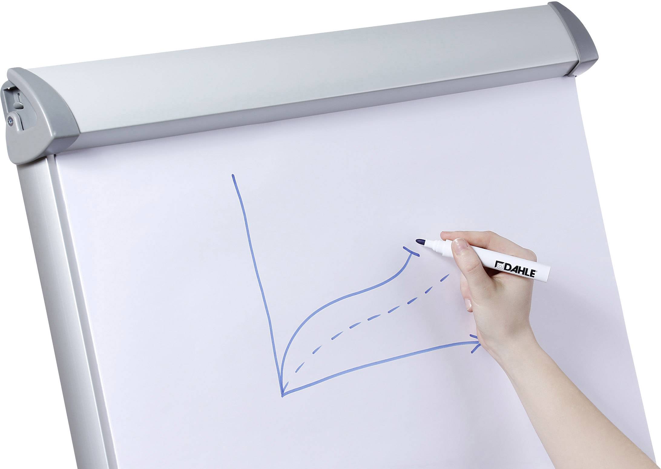 Jedna ruka kreslí perem na flipchartovém diagramu. Diagram zobrazuje stoupající trend se dvěma liniemi.