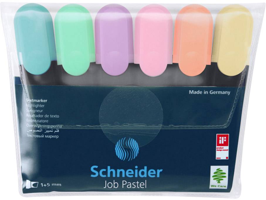 Šest pastelových zvýrazňovačů v zelené, modré, růžové, oranžové a žluté barvě, zabalených v průhledném obalu. Značka: Schneider.