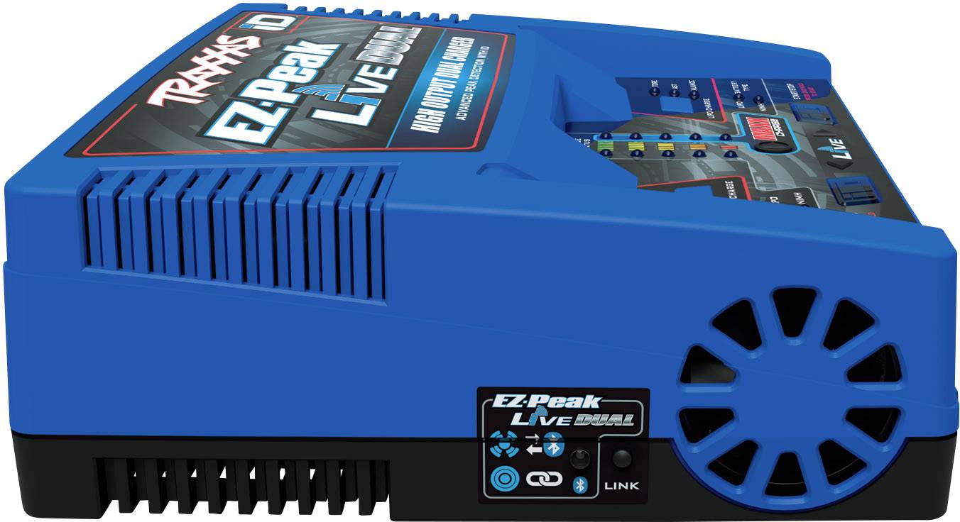 Modré nabíjecí zařízení Traxxas EZ Peak Live Dual pro akumulátory, se dvěma nabíjecími vstupy, LCD displejem a větracími otvory po stranách.