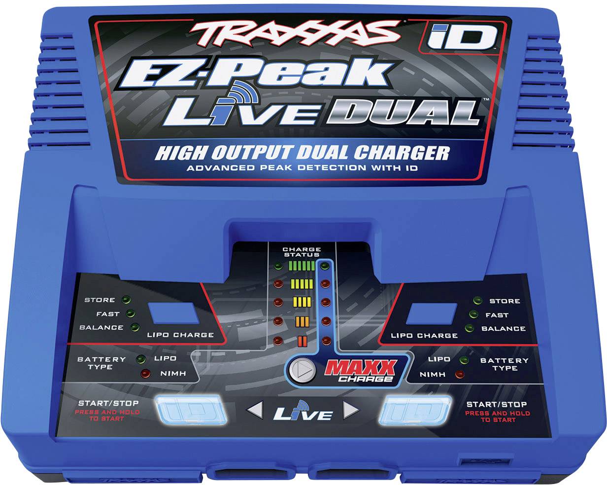 Obrázek zobrazuje modré nabíjecí zařízení Traxxas 'EZ-Peak Live Dual' s automatickým ukončením nabíjení a dvěma nabíjecími prostory.
