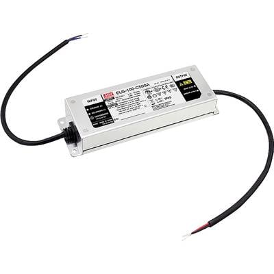 Obdélníkový LED driver s popisy pro vstup a výstup, model 'ELG-100-C500A', stříbrné barvy s černými kabely.