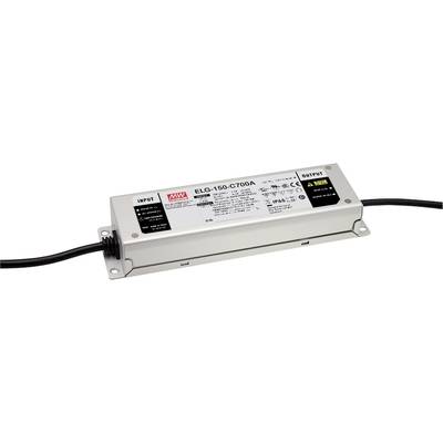 Elektronický LED driver s kovovým pouzdrem, štítek zobrazuje značku, model ELG-150-C700A, vstupy a výstupy na obou stranách.
