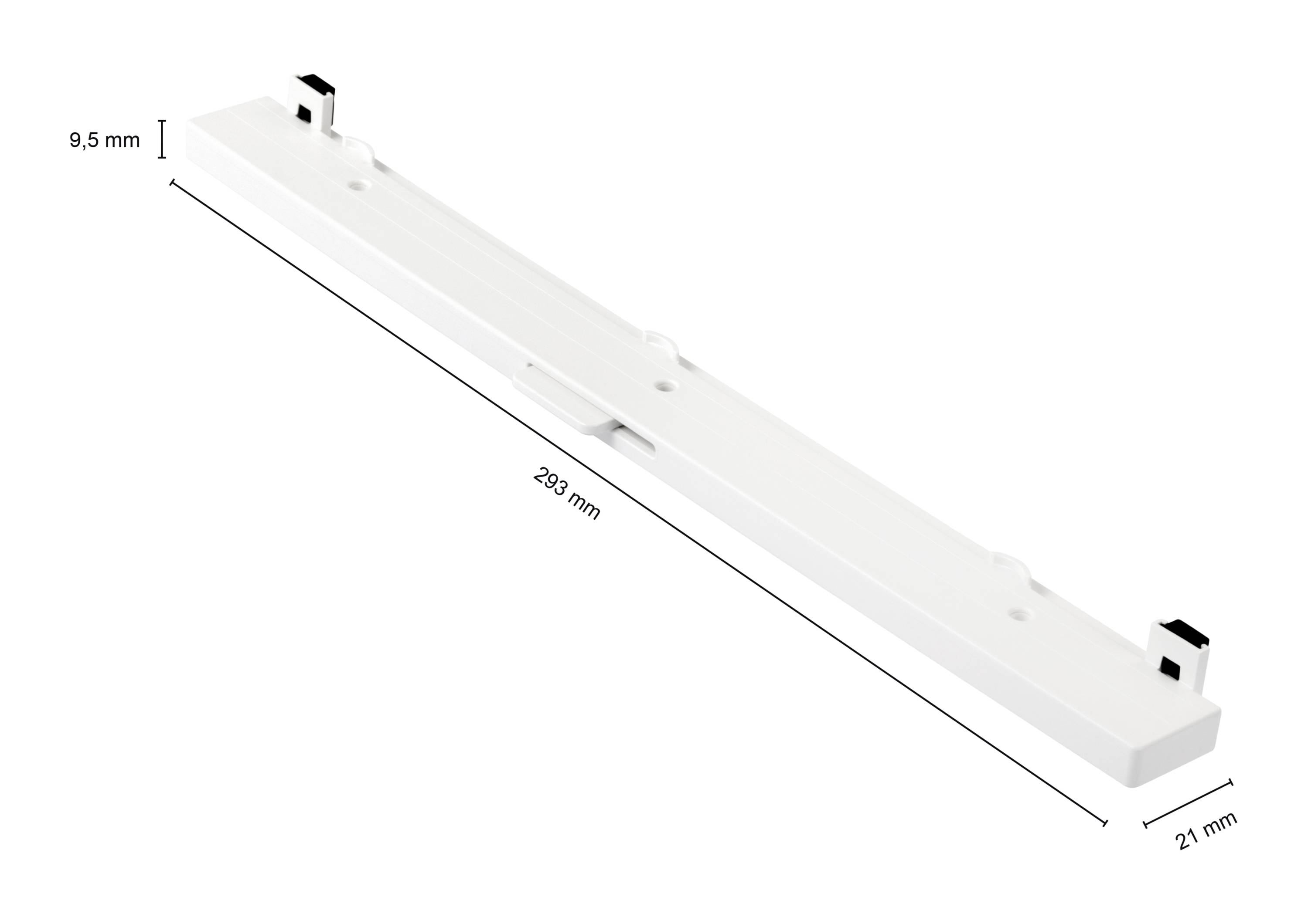Měřicí lať z bílého plastu, 263 mm dlouhá, 21 mm široká, 9,5 mm vysoká. Vhodná pro montáž nebo upevnění, zobrazuje dva upevňovací body.
