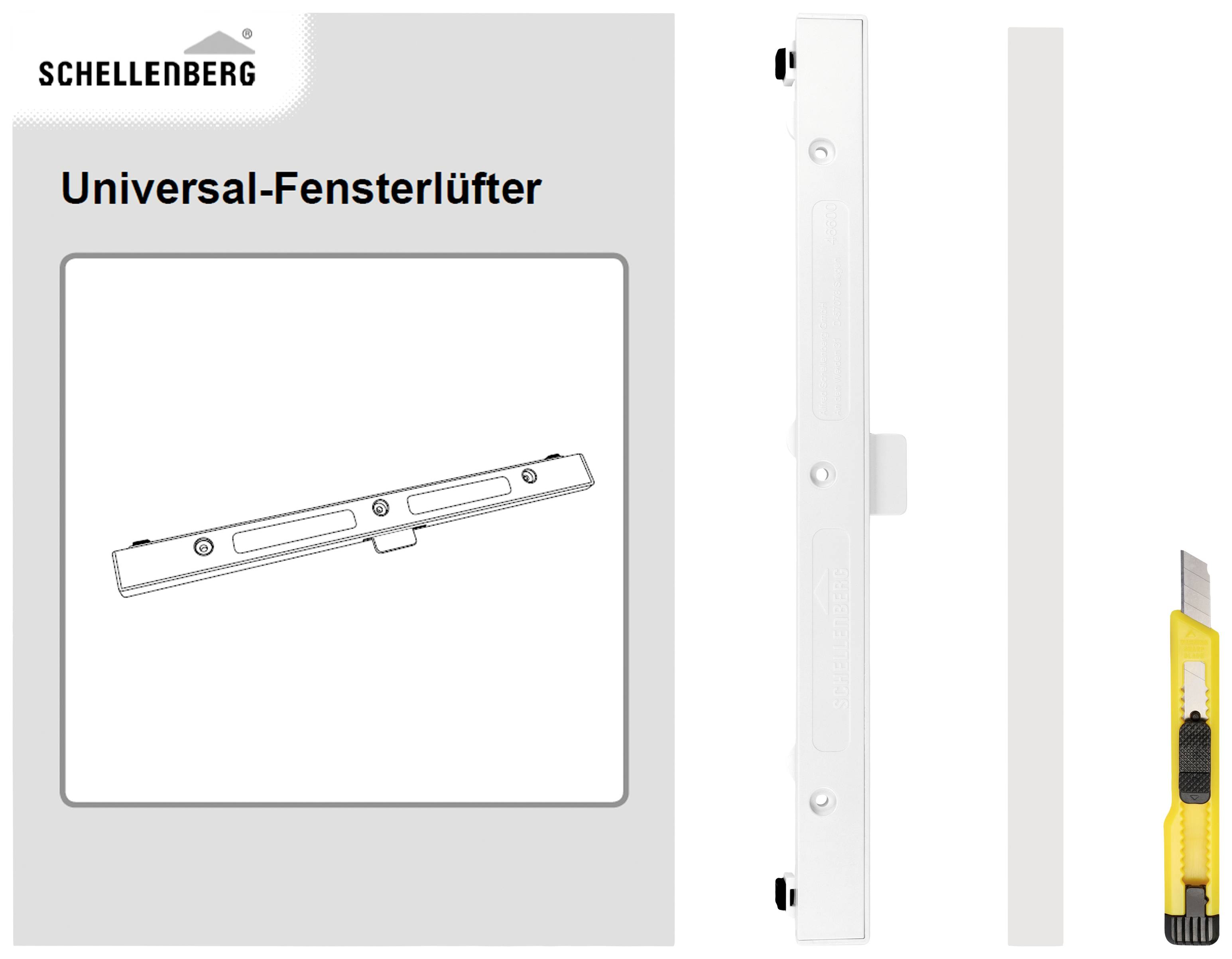 Větrací zařízení 'Universal-Fensterlüfter' od Schellenbergu je bílý, obdélníkový větrací přístroj. Napravo se nachází žlutý řezák.