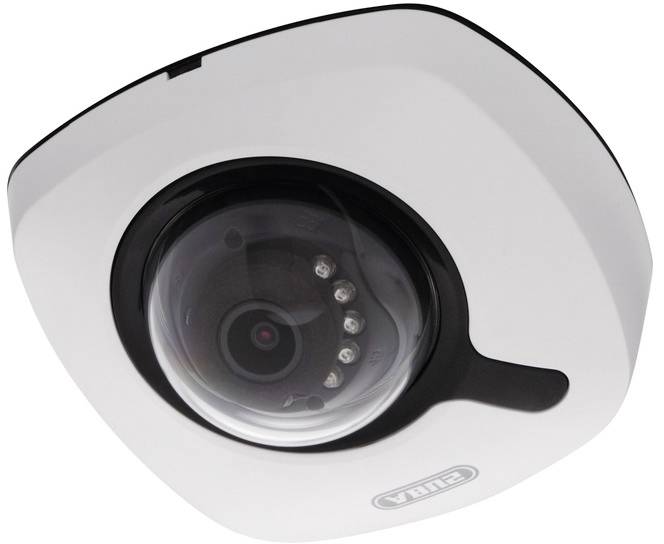 Kamera s monitorováním s vypouklým sklem a vestavěným infračerveným osvětlením, připevněná ke stropu.