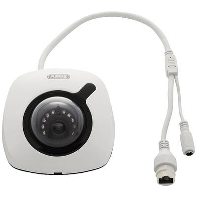 Bílá bezpečnostní kamera s kulatým objektivem a LED kruhem, namontovaná na čtvercovém držáku. Kabel s dvěma konektory.