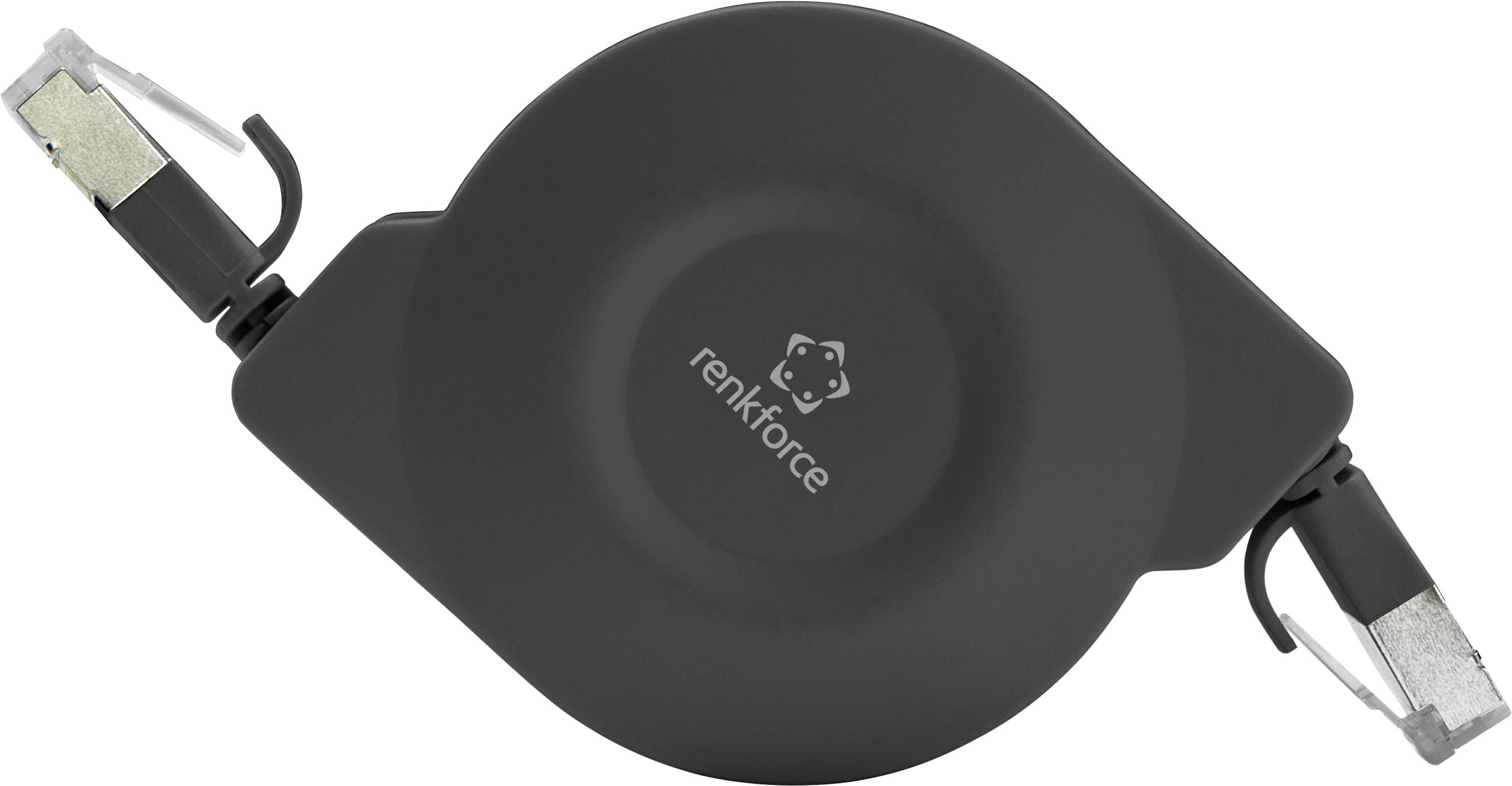 Síťový kabel Renkforce s navíjecím mechanismem, černý, plochý, zakončený dvěma konektory RJ45. Ideální pro síťové instalace.