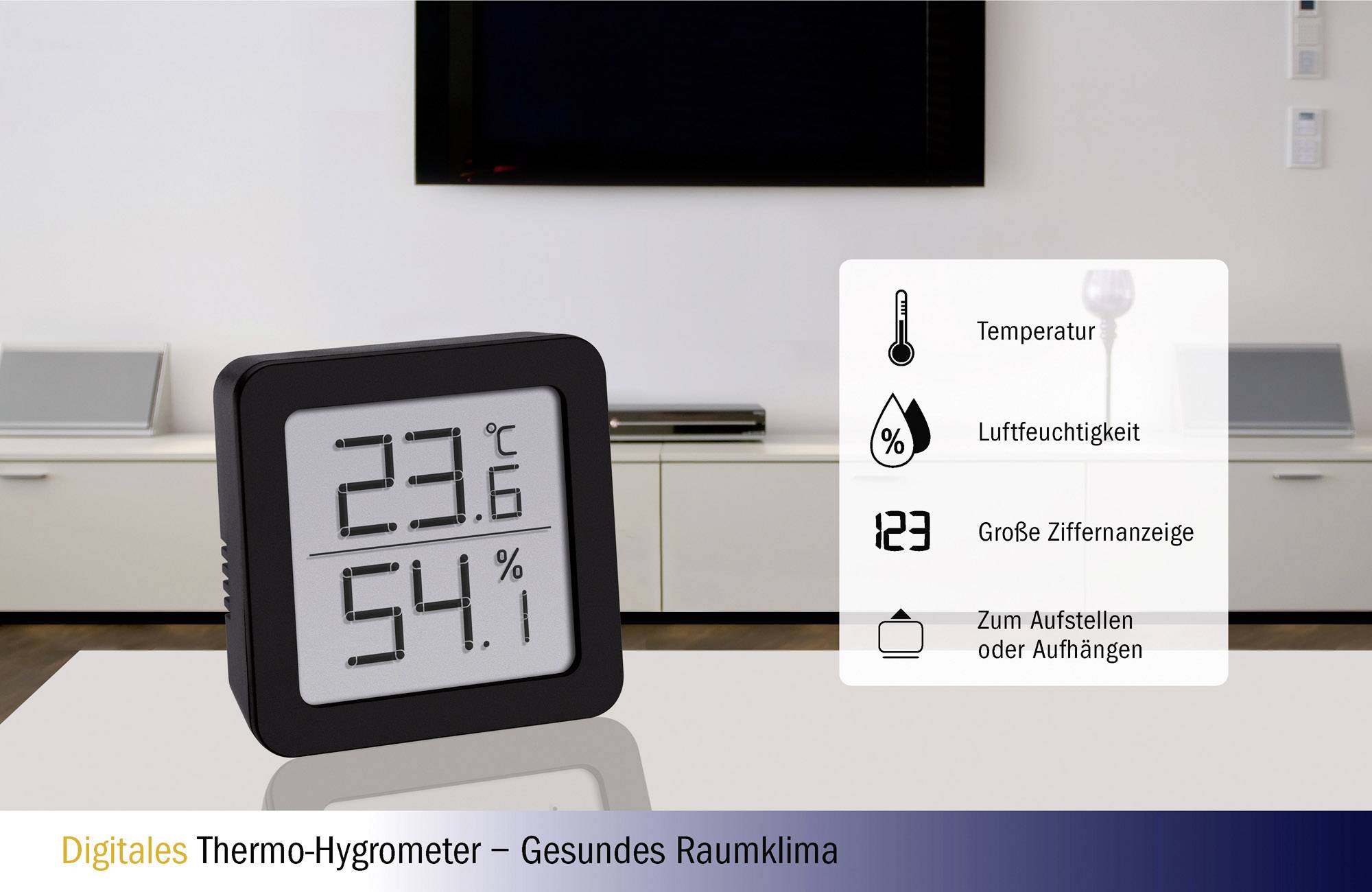 Digitální termo-hygrometr zobrazuje '23,6 °C' a '54,1 %'. Funkce: teplota, vlhkost vzduchu, velký displej s číslicemi.