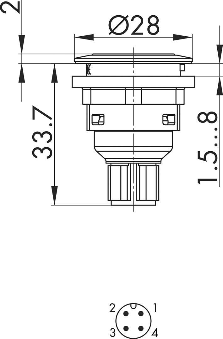 Technický výkres elektrické zástrčky, zobrazuje rozměry: průměr 28 mm, výška 33,7 mm, konfigurace pinů dole.