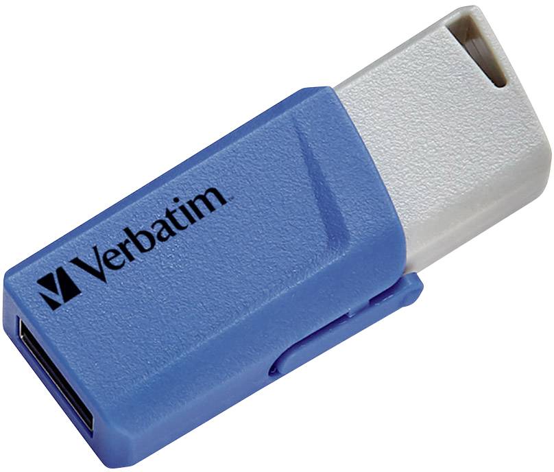 Modrý USB flash disk značky Verbatim s vytištěným logem, otevřený tak, aby byla viditelná koncovka USB.