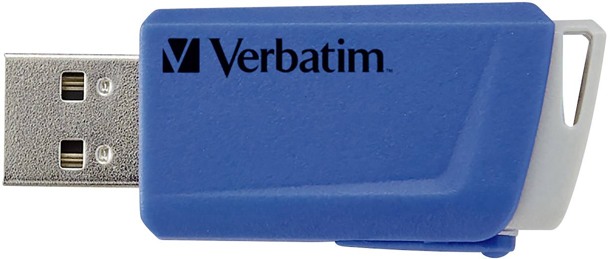 Modrý USB flash disk značky Verbatim se stříbrným USB konektorem a otočným modrým krytem.