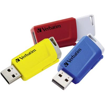Tři USB flash disky značky Verbatim v žluté, červené a modré barvě, uspořádané v pravidelném sledu na bílém pozadí.