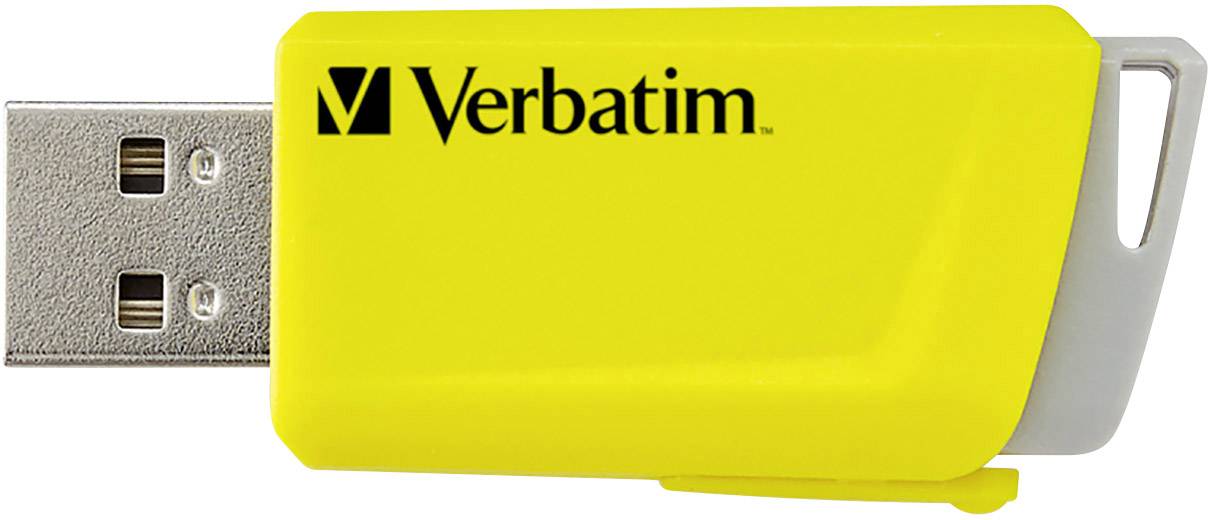 Žlutý USB flash disk značky Verbatim s odnímatelným uzávěrem, který chrání USB konektor.