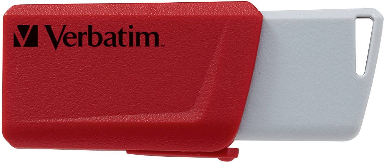 Červený USB flash disk se šedým posuvníkem značky Verbatim.