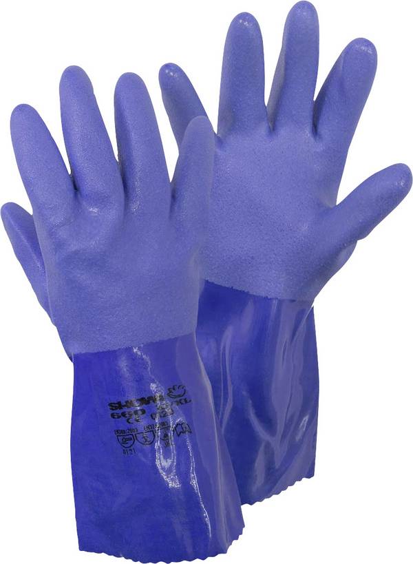 Showa 4708 660 Gr. L bavlněná tkanina , PVC rukavice pro manipulaci s chemikáliemi  Velikost rukavic: 9, L EN 388:2016, EN 374-1:2016/ Typ B, EN 374-5:2016  ISO 374-1:2016/ Typ B, ISO 374-5:2016 CAT III 1 pár