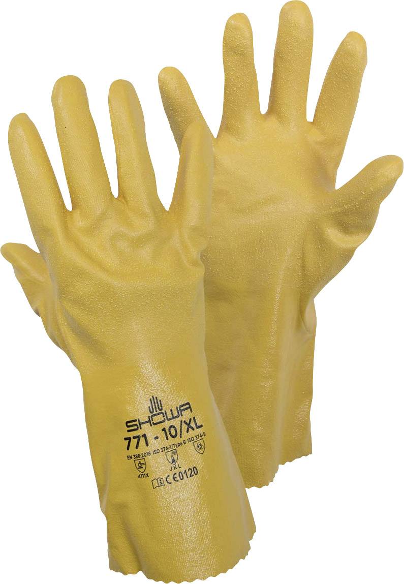 Dva žluté ochranné latexové rukavice, velikost XL, s protiskluzovým povrchem a výrobním označením 'SHOWA 77N-10/XL'.