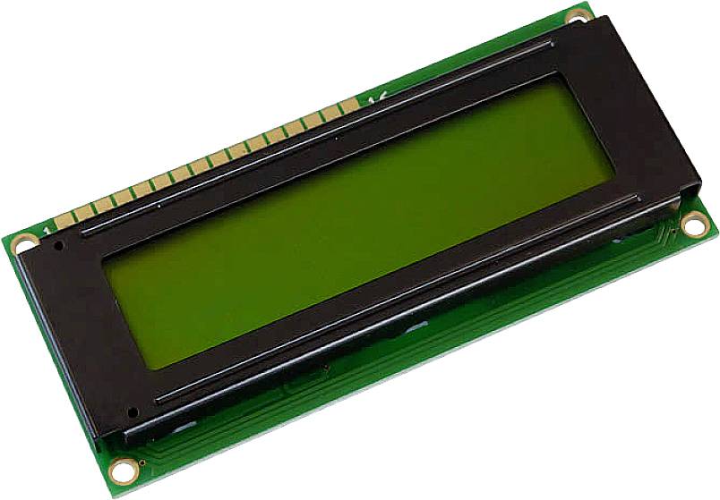 Obdélníkový LCD displej se zeleným podsvícením, lemovaný černým pouzdrem, umístěný na zelené desce plošných spojů.