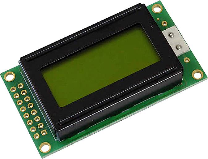 Malý zelený LCD displej s připojovacími kolíky na desce plošných spojů.