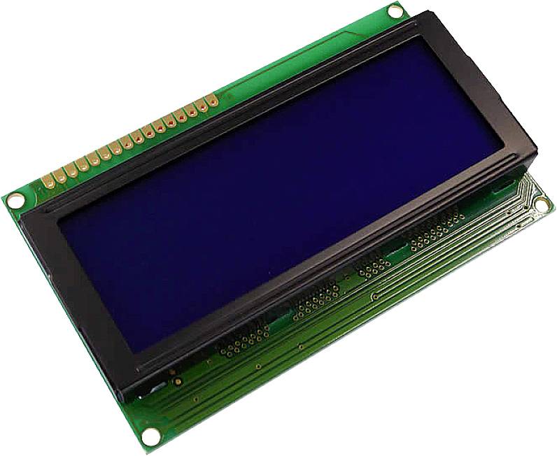 Zelený modul LCD displeje s modrým zobrazením, typicky používaný pro elektronické projekty. Má několik připojovacích pinů nahoře.