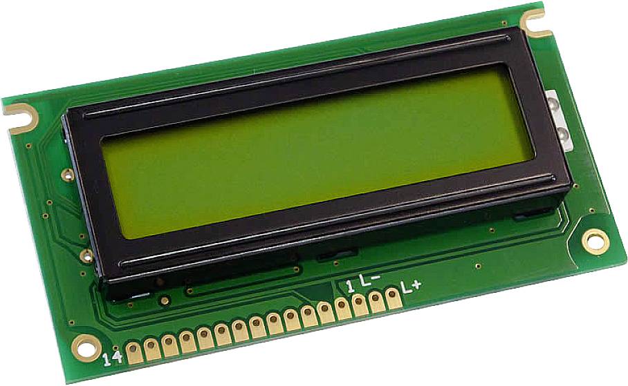 LCD displej se zeleným pozadím a černými připojovacími piny, typicky používaný v elektronických zařízeních.