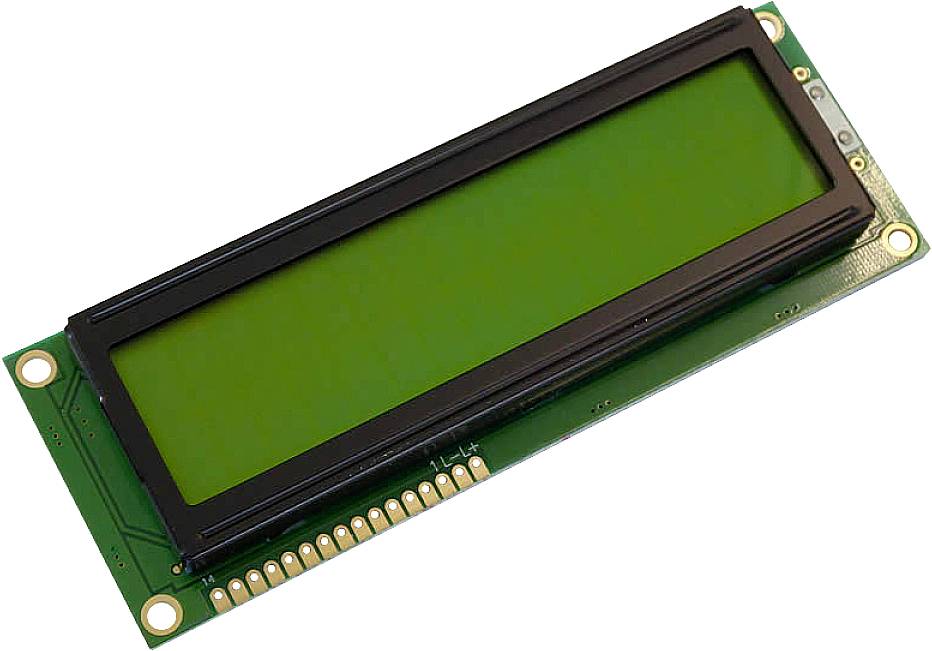 Zelený LCD displej s obdélníkovým obrazovkou a upevňovacími prvky v rozích.