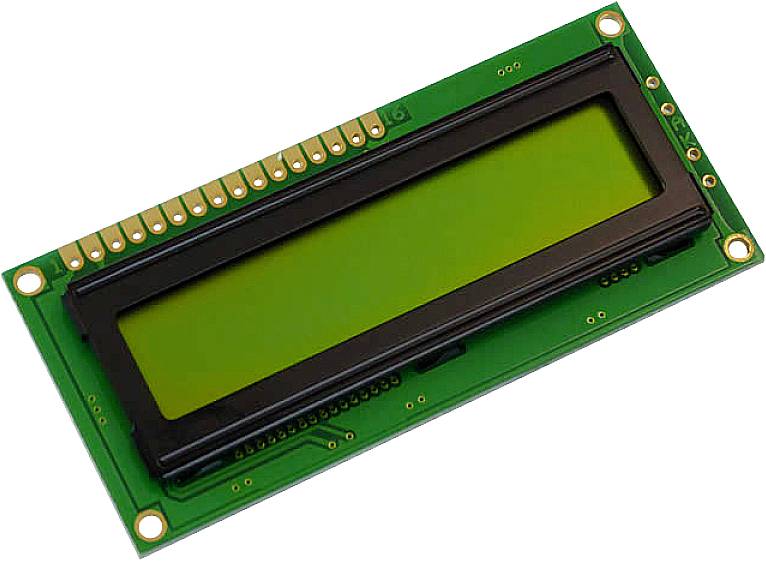 Obdélníkový zelený LCD displej, často používaný v elektronických projektech pro zobrazování textových informací, se zlatými kontaktními body.