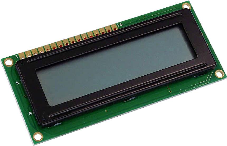 Obdélníkový LCD displej s černým rámečkem a zlatými konektory na zelené desce plošných spojů.